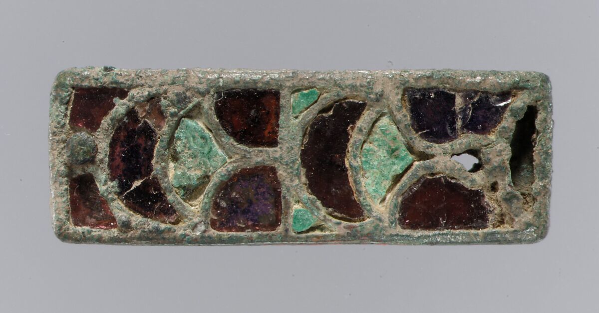 Rectangular Mount, Copper alloy, garnets, malachite (efflourescence in HCl), Visigothic 