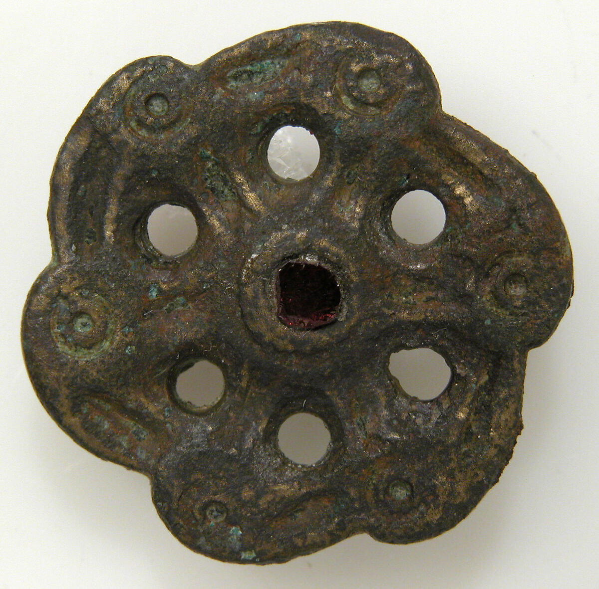 Whorl-Shaped Brooch, Copper alloy, gilt, glass paste, Frankish 