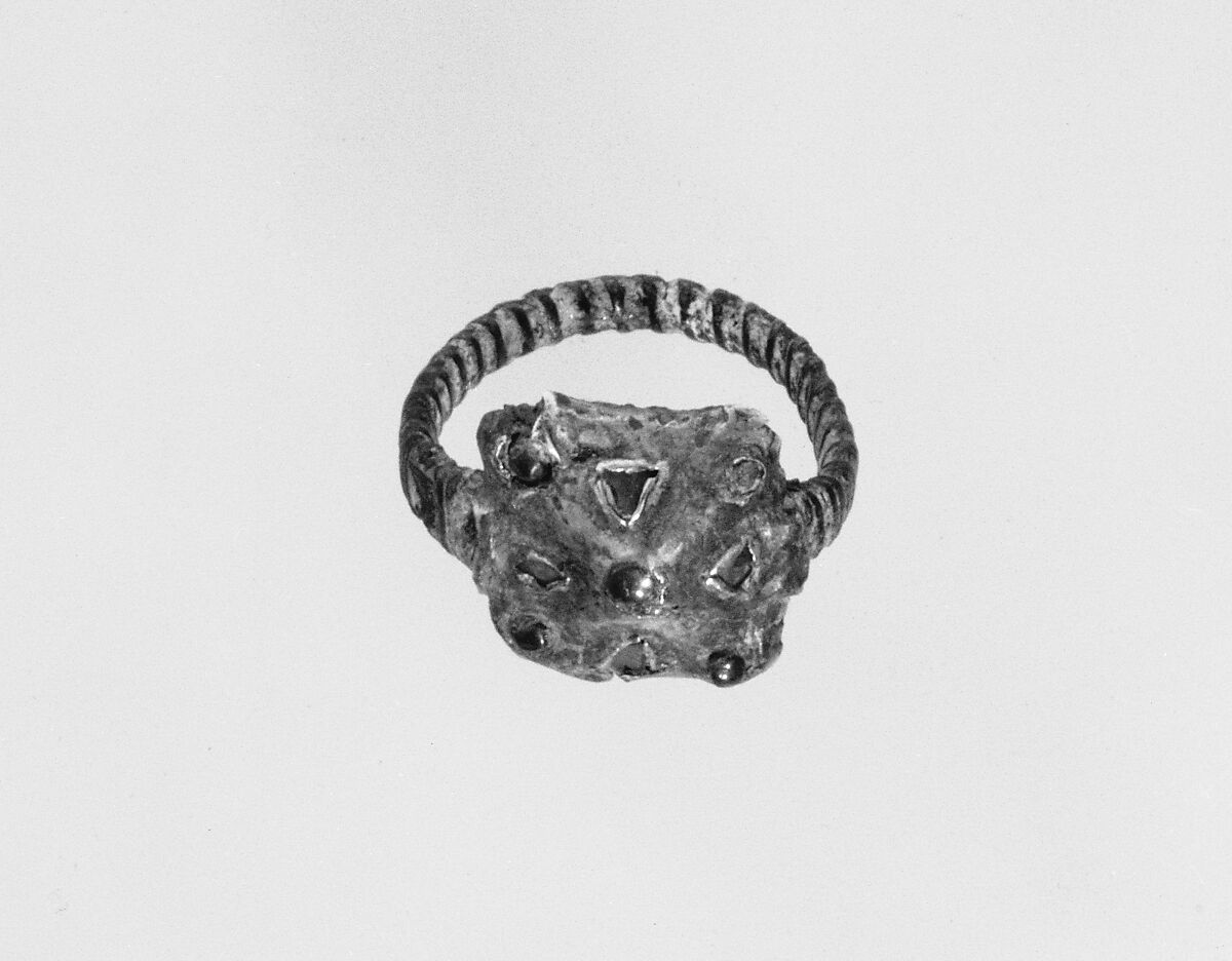 Finger Ring, Copper alloy band?, silver bezel coated with gold, garnet or glass paste, Frankish