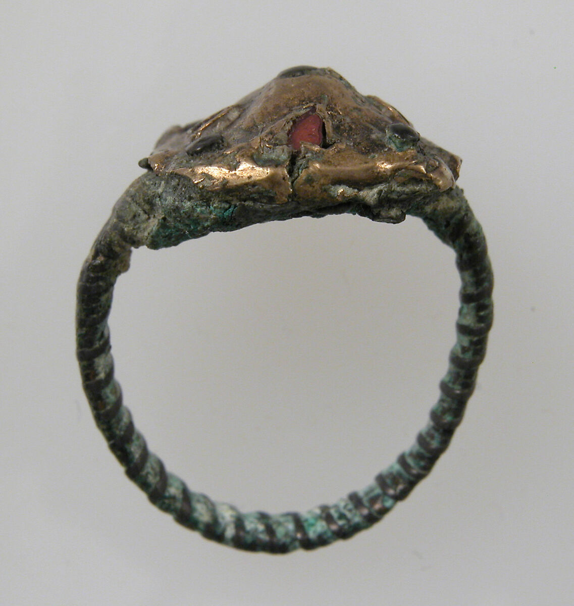 Finger Ring, Copper alloy band?, silver bezel coated with gold, garnet or glass paste, Frankish