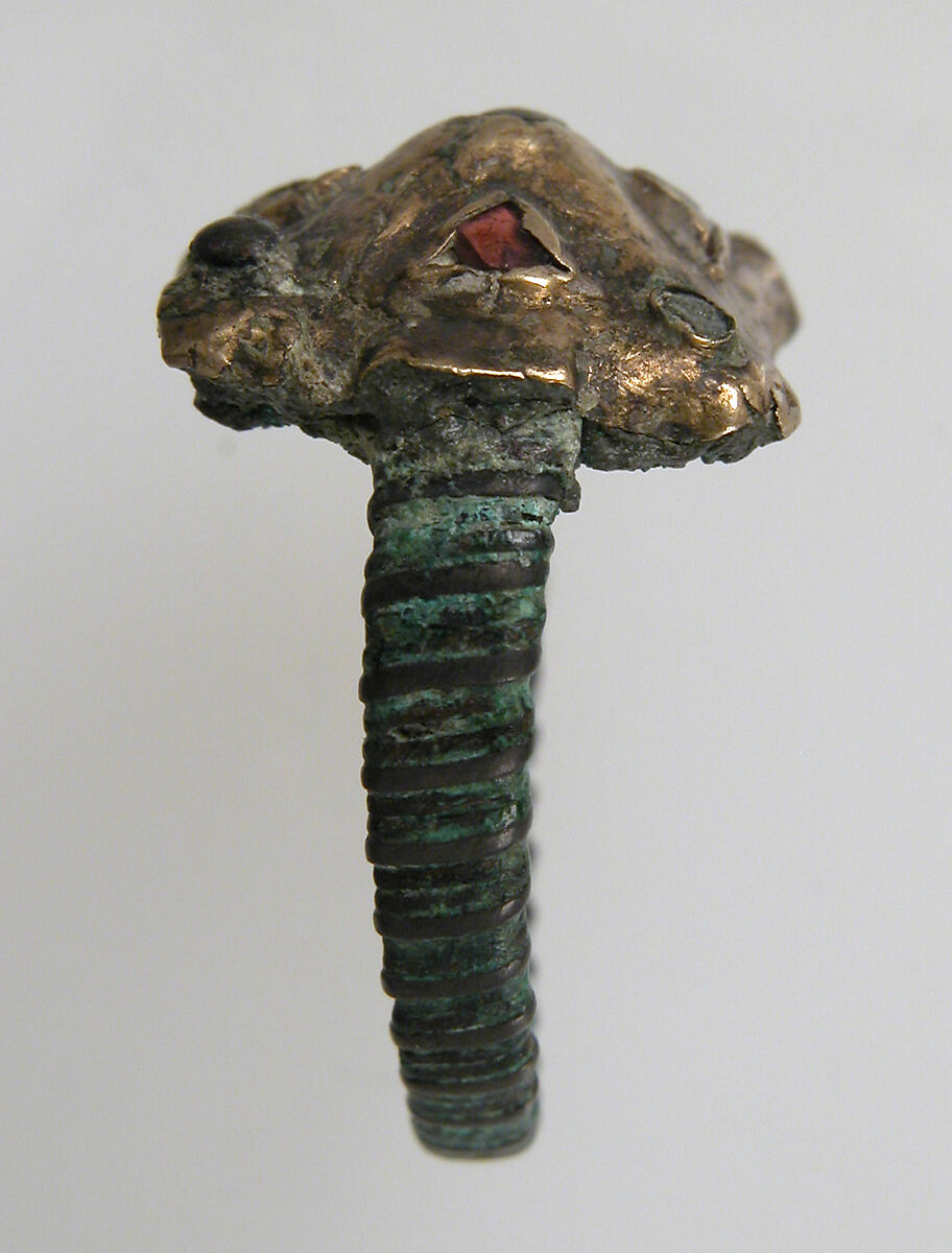Finger Ring, Copper alloy band?, silver bezel coated with gold, garnet or glass paste, Frankish