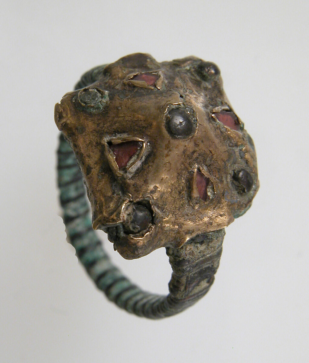 Finger Ring, Copper alloy band?, silver bezel coated with gold, garnet or glass paste, Frankish 