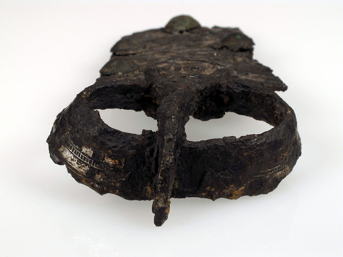 Belt Buckle, Iron, silver inlay, bronze, Frankish or Burgundian