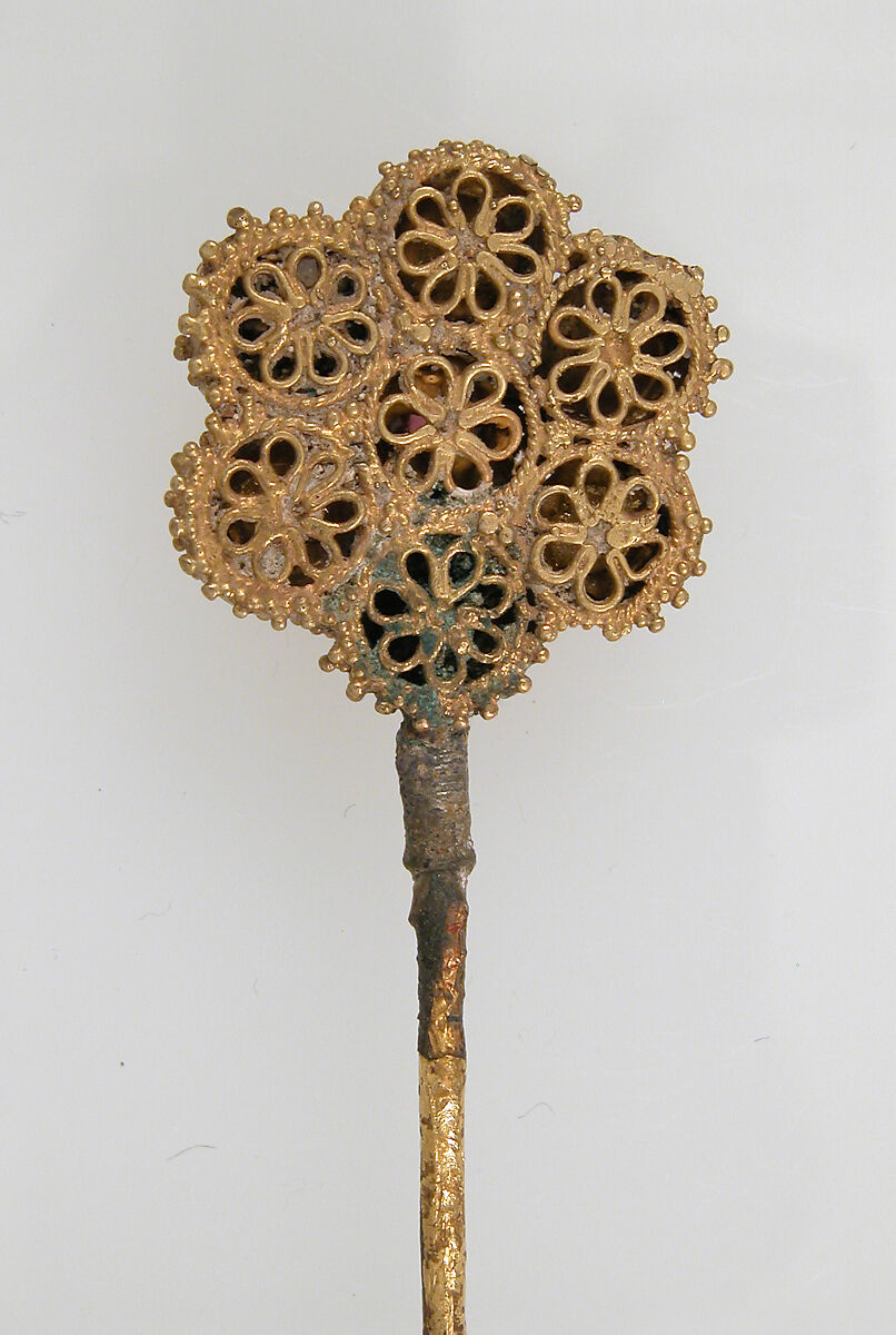 Hairpin, Gold or gilt, glass paste, stone, filigree, Frankish