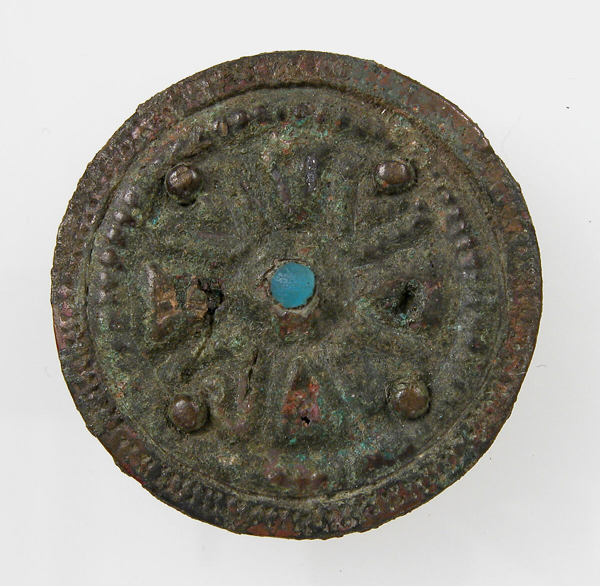 Disk Brooch, Copper alloy, glass paste, remnants of iron pin, Frankish 