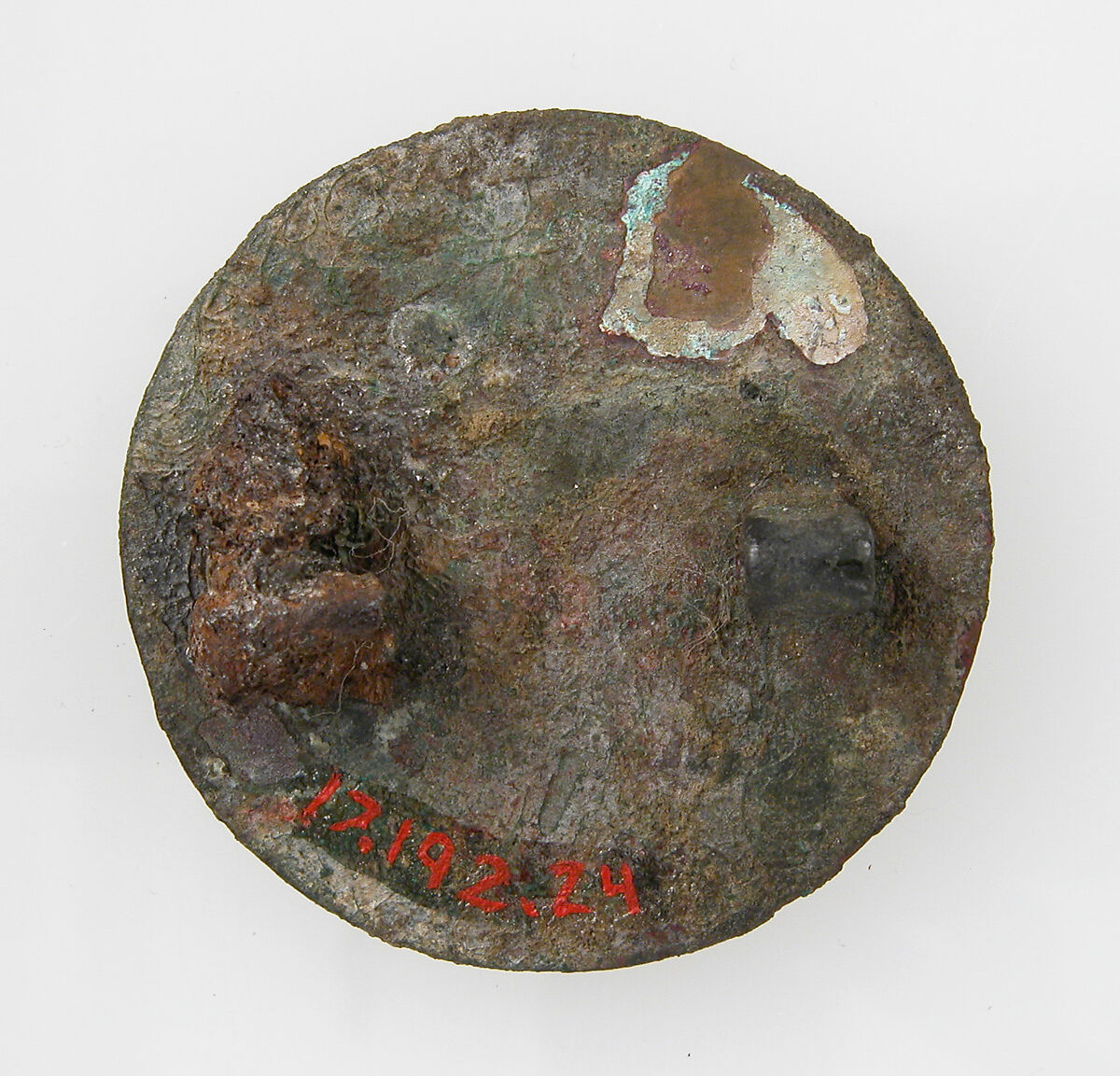 Disk Brooch, Copper alloy, glass paste, remnants of iron pin, Frankish
