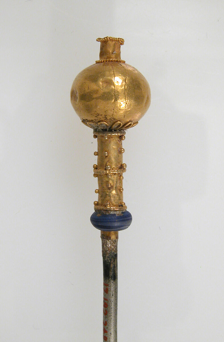 Hairpin, Silver, with gold head, glass paste, Frankish