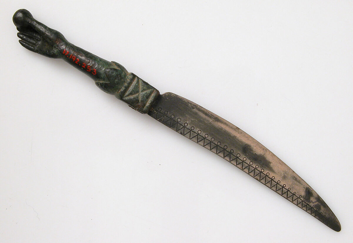 Knife with a Hand Holding an Orb, Copper alloy handle, steel blade, Late Roman 