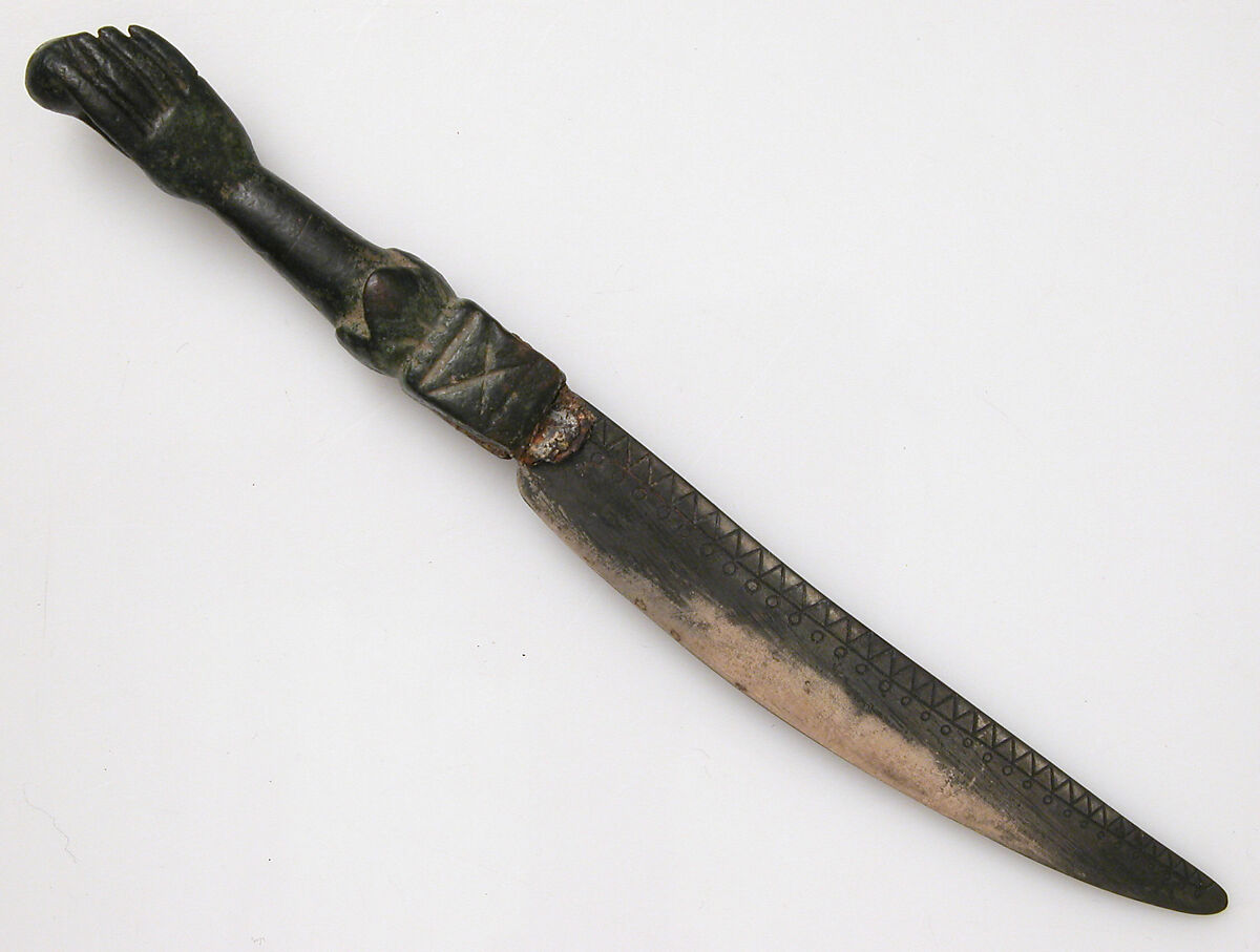 Knife with a Hand Holding an Orb, Copper alloy handle, steel blade, Late Roman