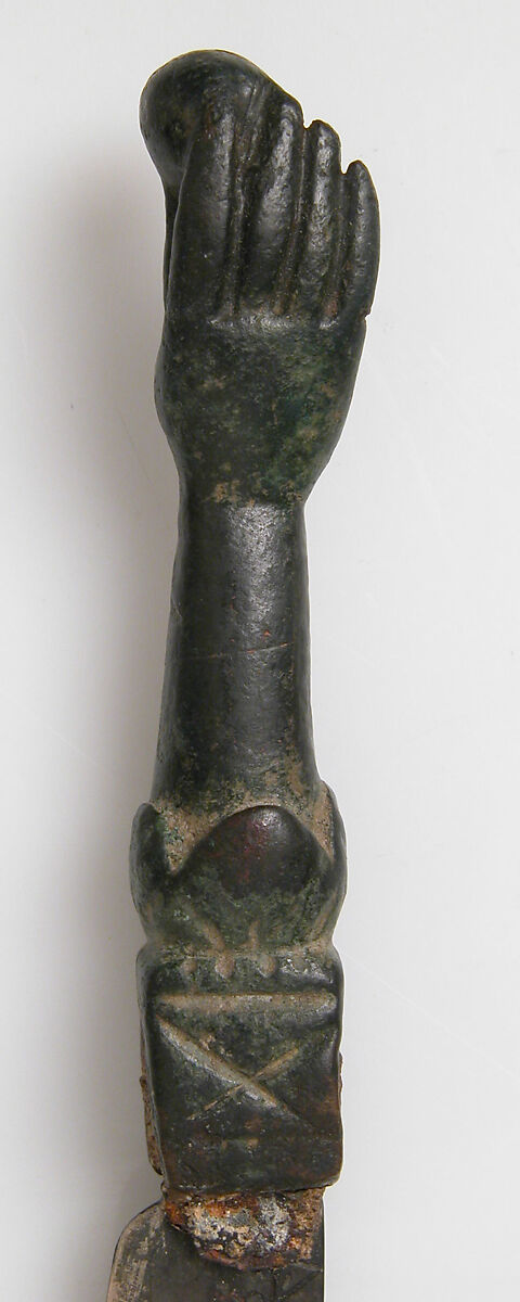 Knife with a Hand Holding an Orb, Copper alloy handle, steel blade, Late Roman