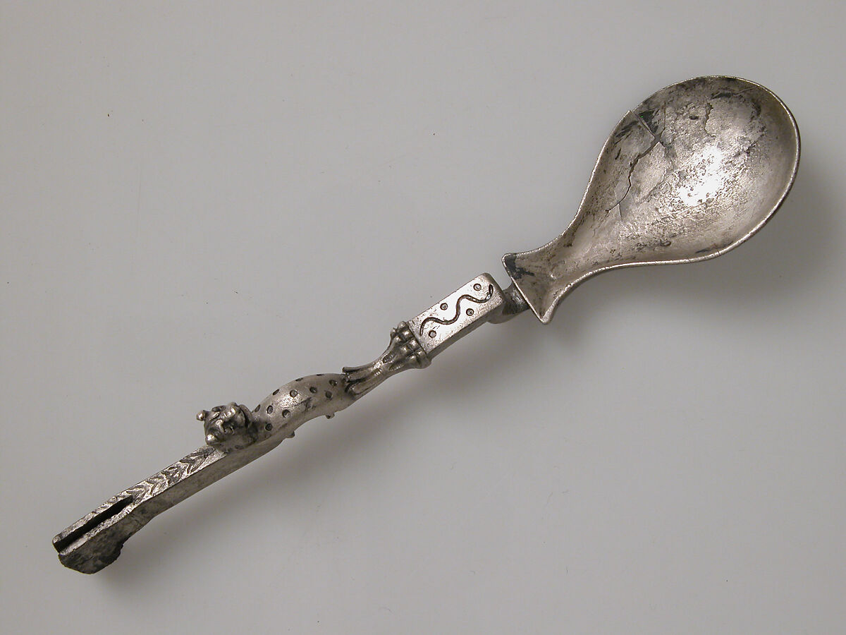 Spoon with a Panther, Copper alloy, silvered, niello, Roman 