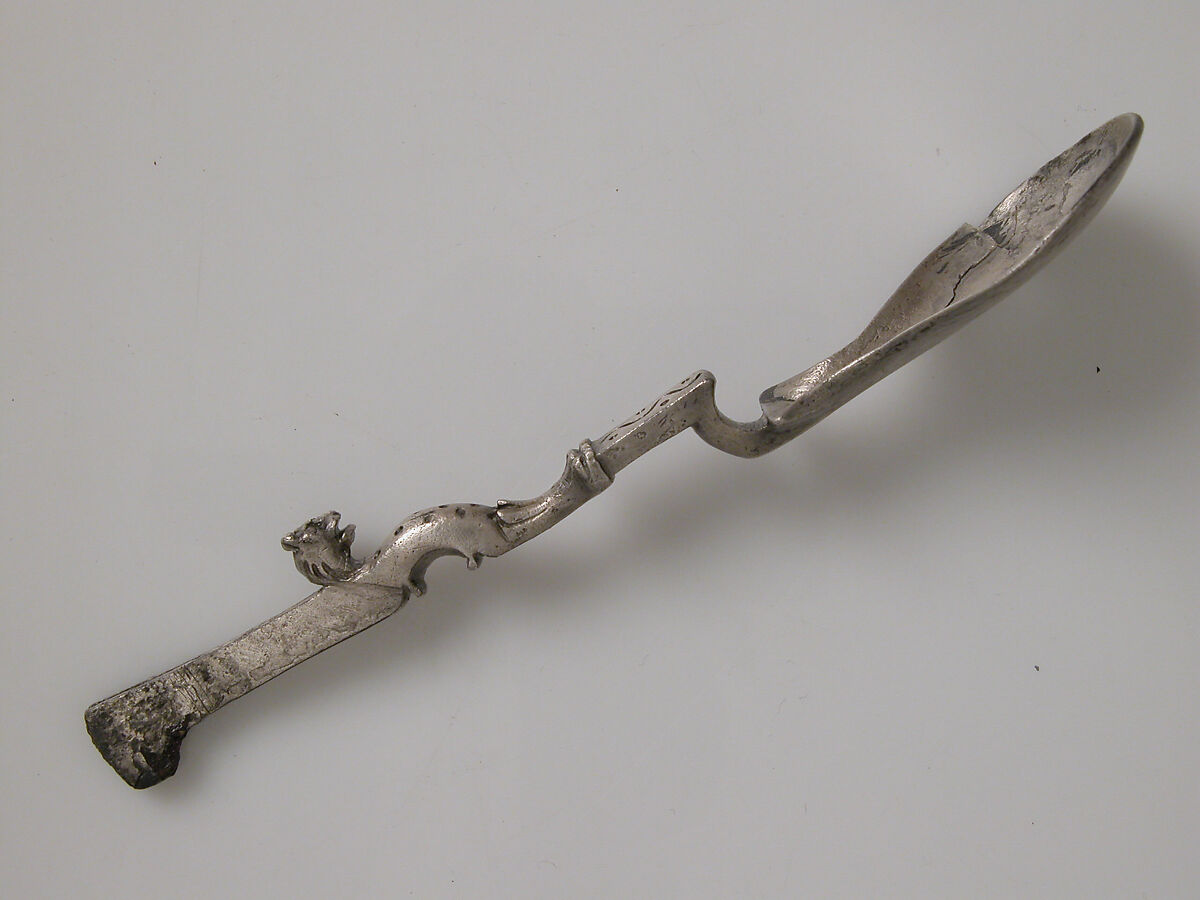 Spoon with a Panther, Copper alloy, silvered, niello, Roman