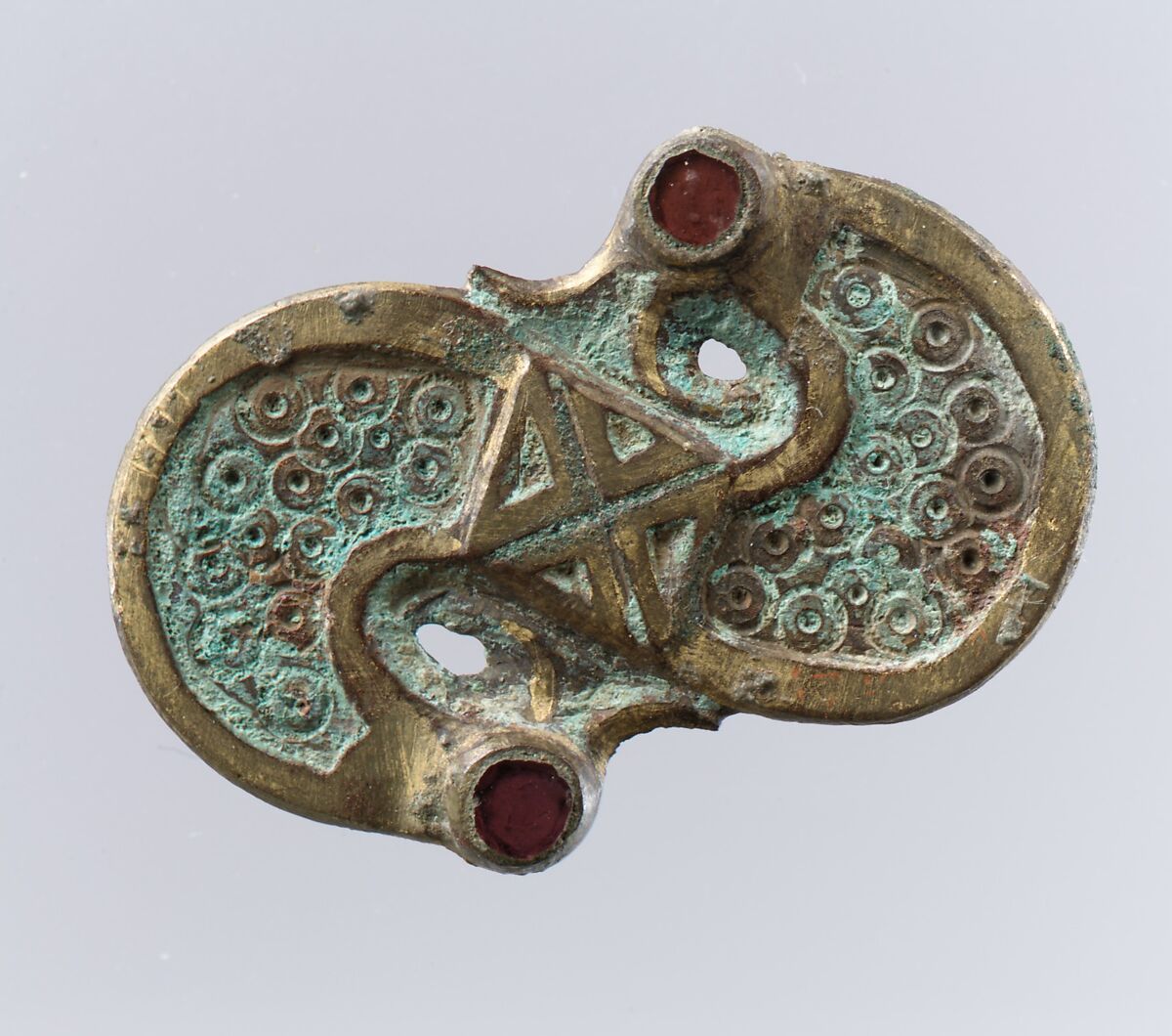 S-Shaped Brooch, Copper alloy, garnet, Frankish 