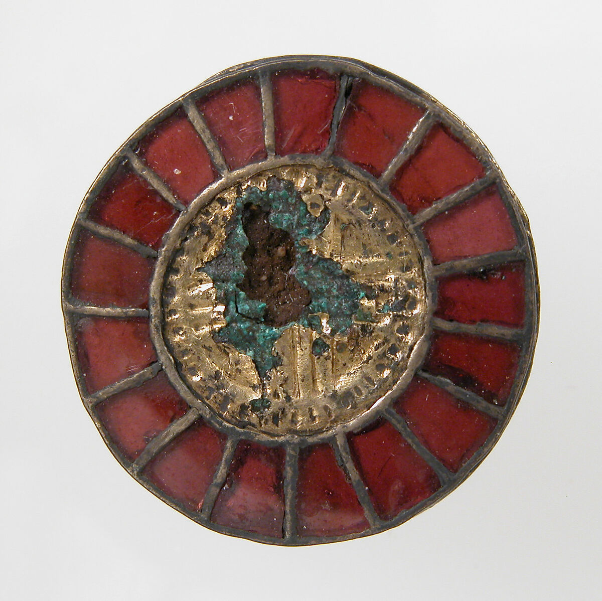 Disk Brooch, Silver-gilt, paste, gold leaf, remnant of iron pin, Frankish 