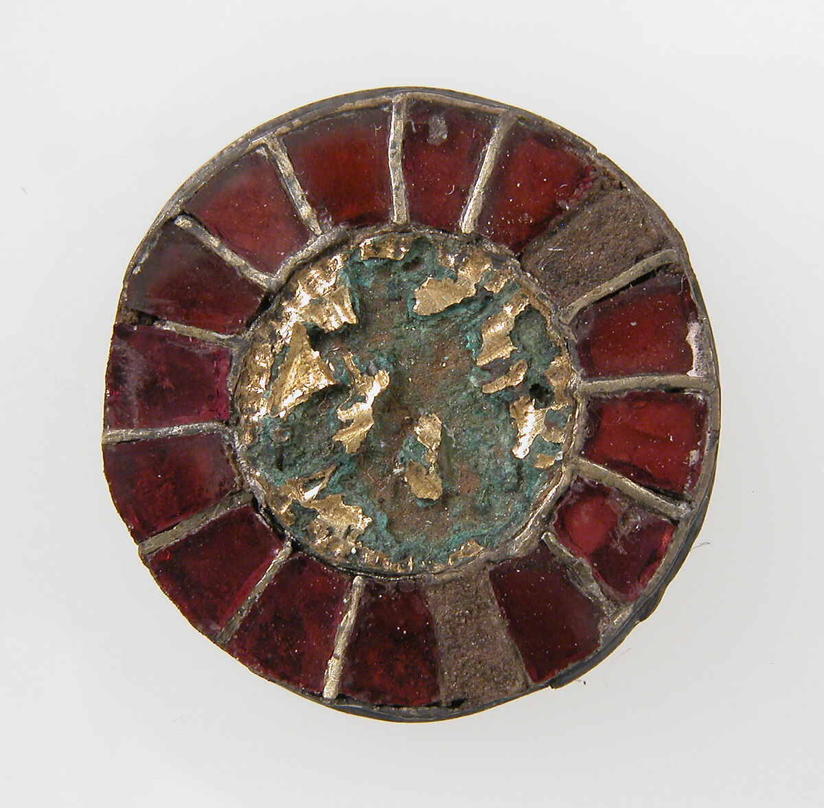 Disk Brooch, Silver on iron core, partial gilt, glass paste or garnet, Frankish 