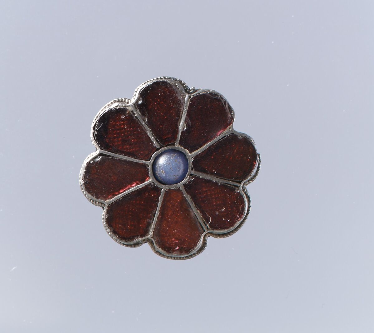 Rosette Brooch, Silver, gilding(?), garnets with patterned foil backings, ..., Frankish