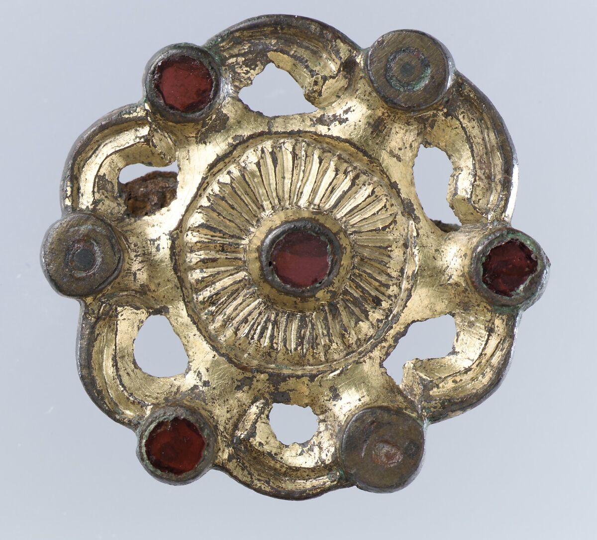 Whorl-Shaped Brooch, Copper alloy, gilding, niello, garnet, Frankish 