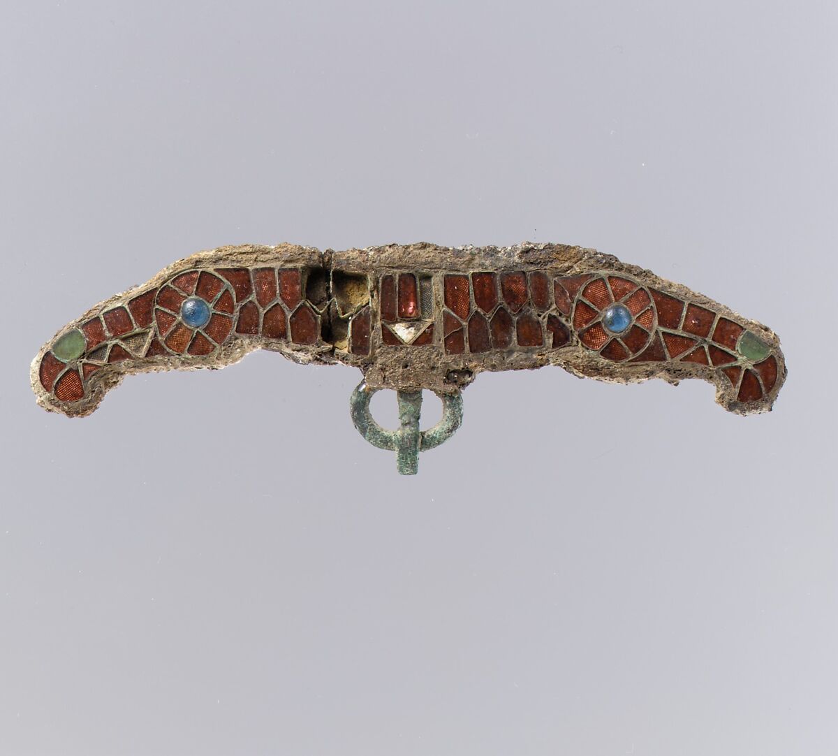 Purse Clasp, Copper alloy, garnets and green glass with patterned foil backings, Frankish 