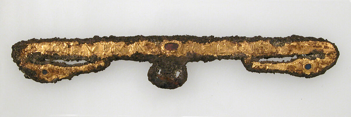 Fermoir, Iron, coated with gold foil, glass, Frankish 