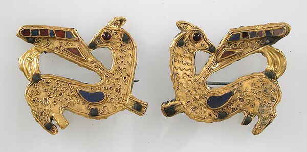 Animal-Shaped Brooch, Copper alloy, coated with gold, twisted wire, paste, European