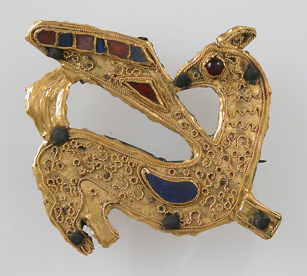 Animal-Shaped Brooch, Copper alloy, coated with gold, twisted wire, paste, European 