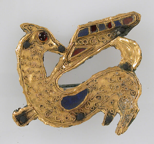 Animal-Shaped Brooch, Copper alloy, coated with gold, twisted wire, paste, European 