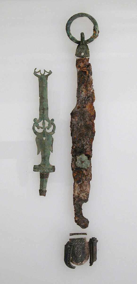 Dagger, Iron (dagger), copper alloy (ring), silver, Late Roman 