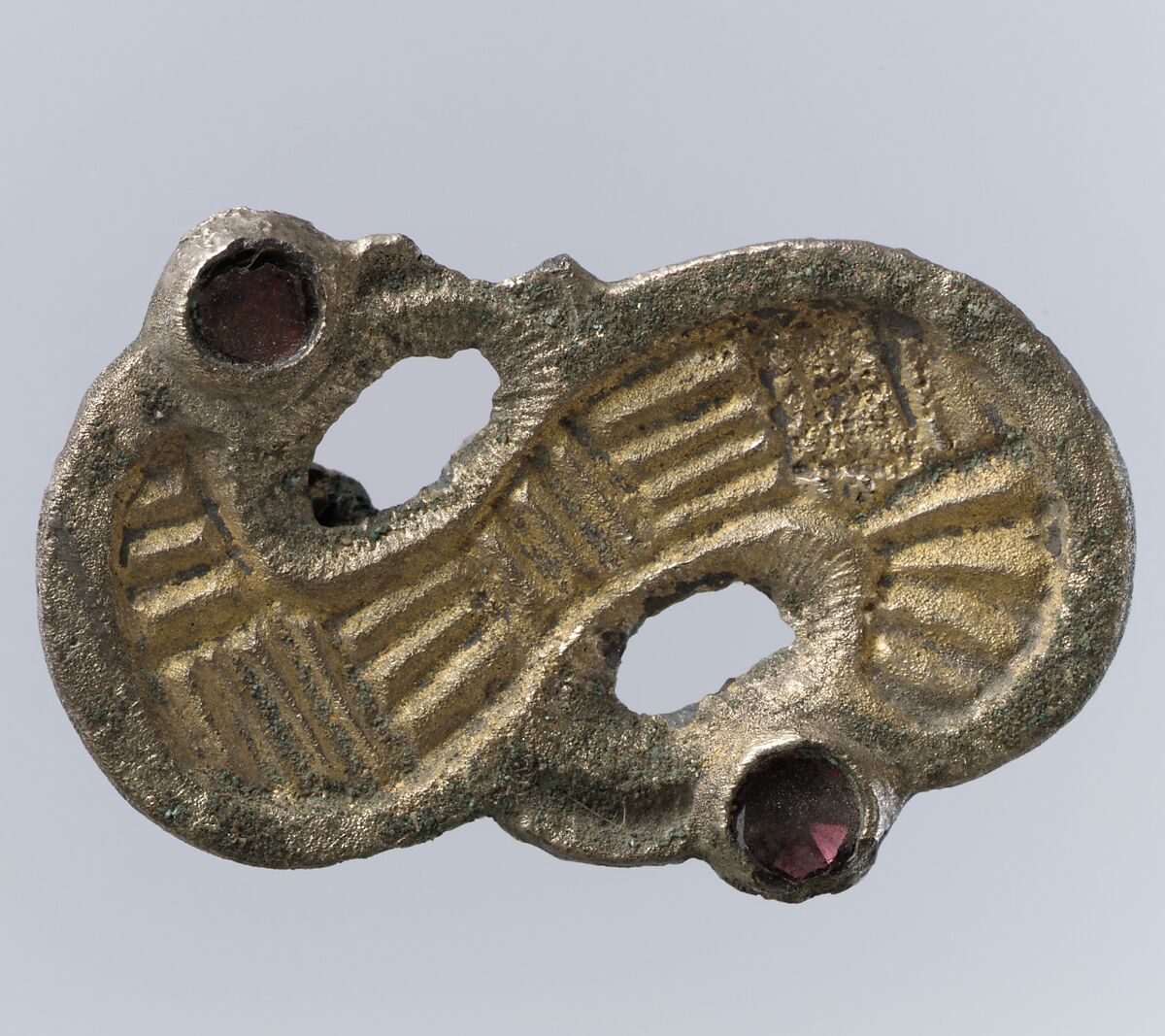 S-Shaped Brooch, Silver-gilt; garnet or glass, Frankish 