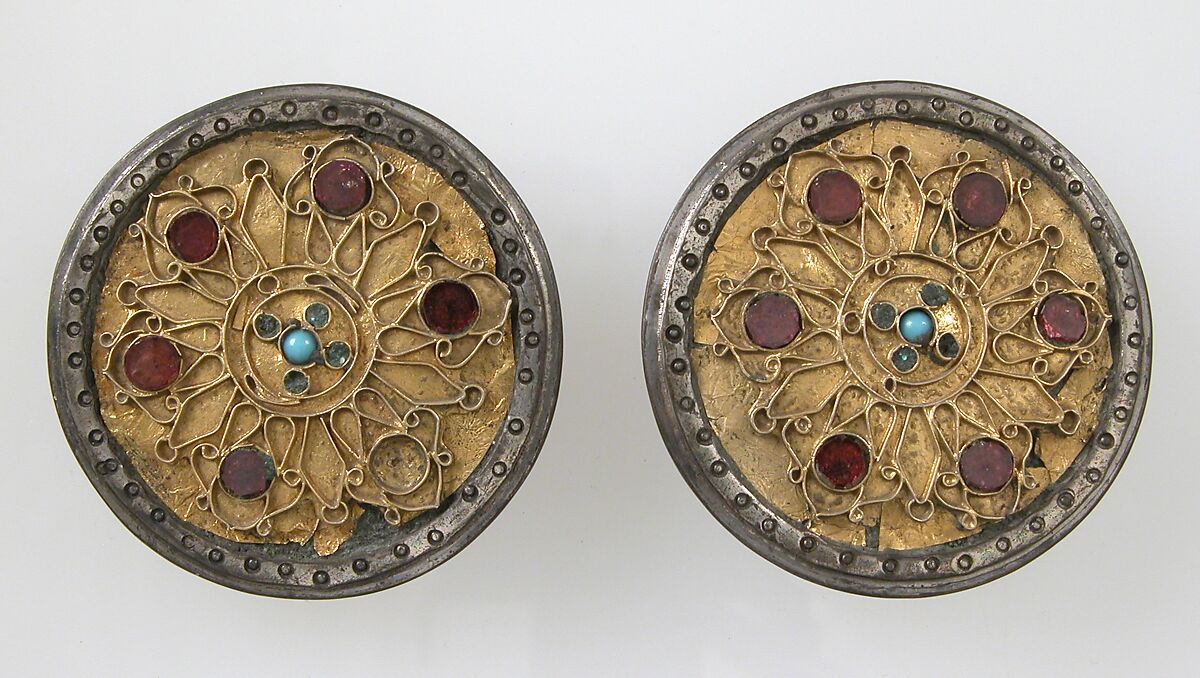 Disk Brooch, Silver, gold, garnets, glass, Frankish