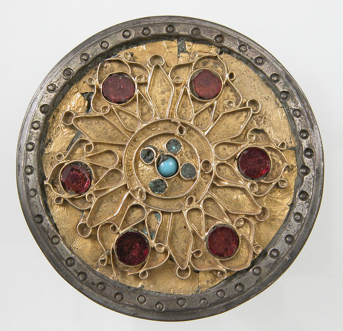 Disk Brooch, Silver, gold, garnets, glass, Frankish 