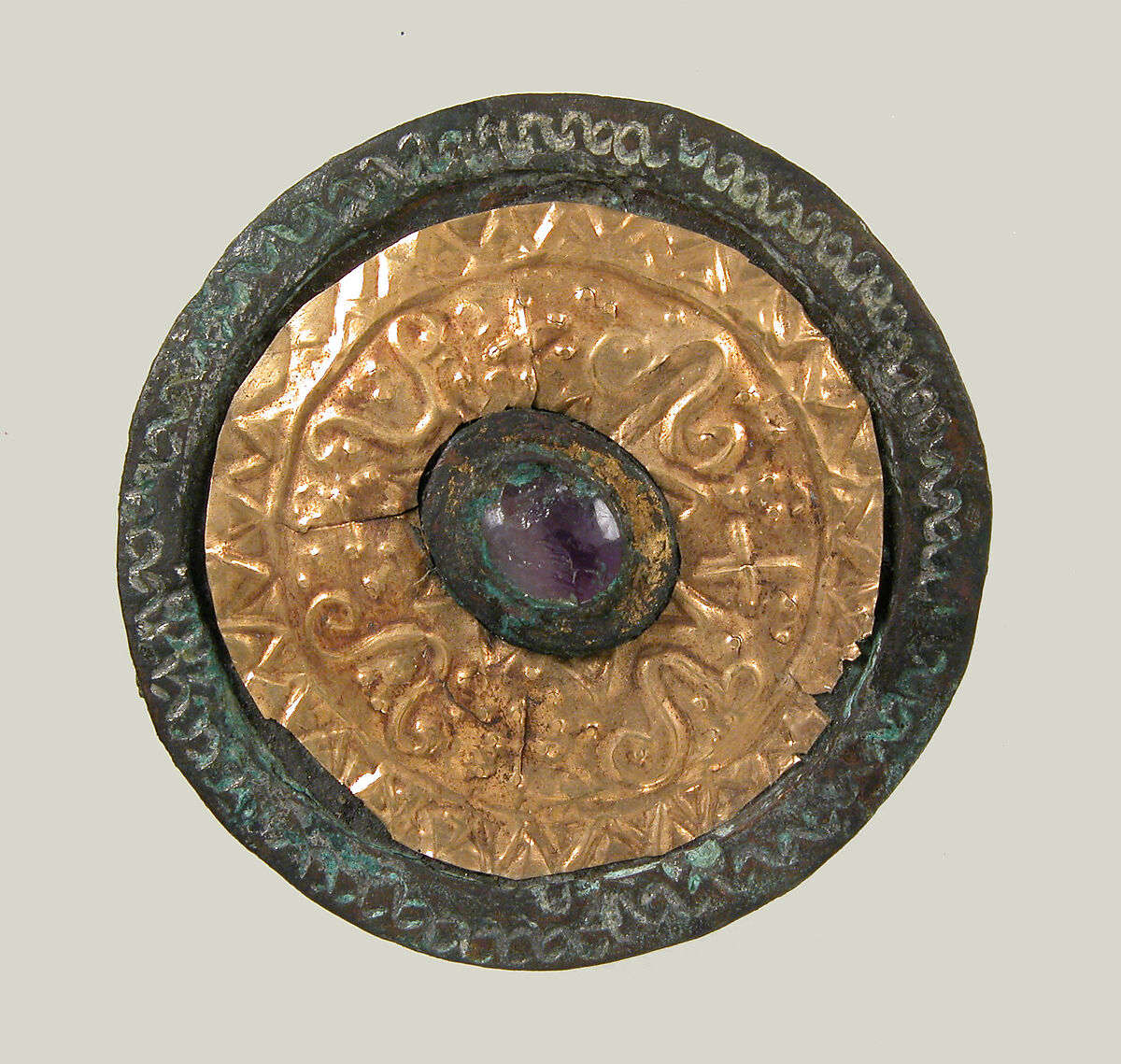Disk Brooch, Copper alloy, silvered , partial gilt, gold foil, amethyst, Frankish 