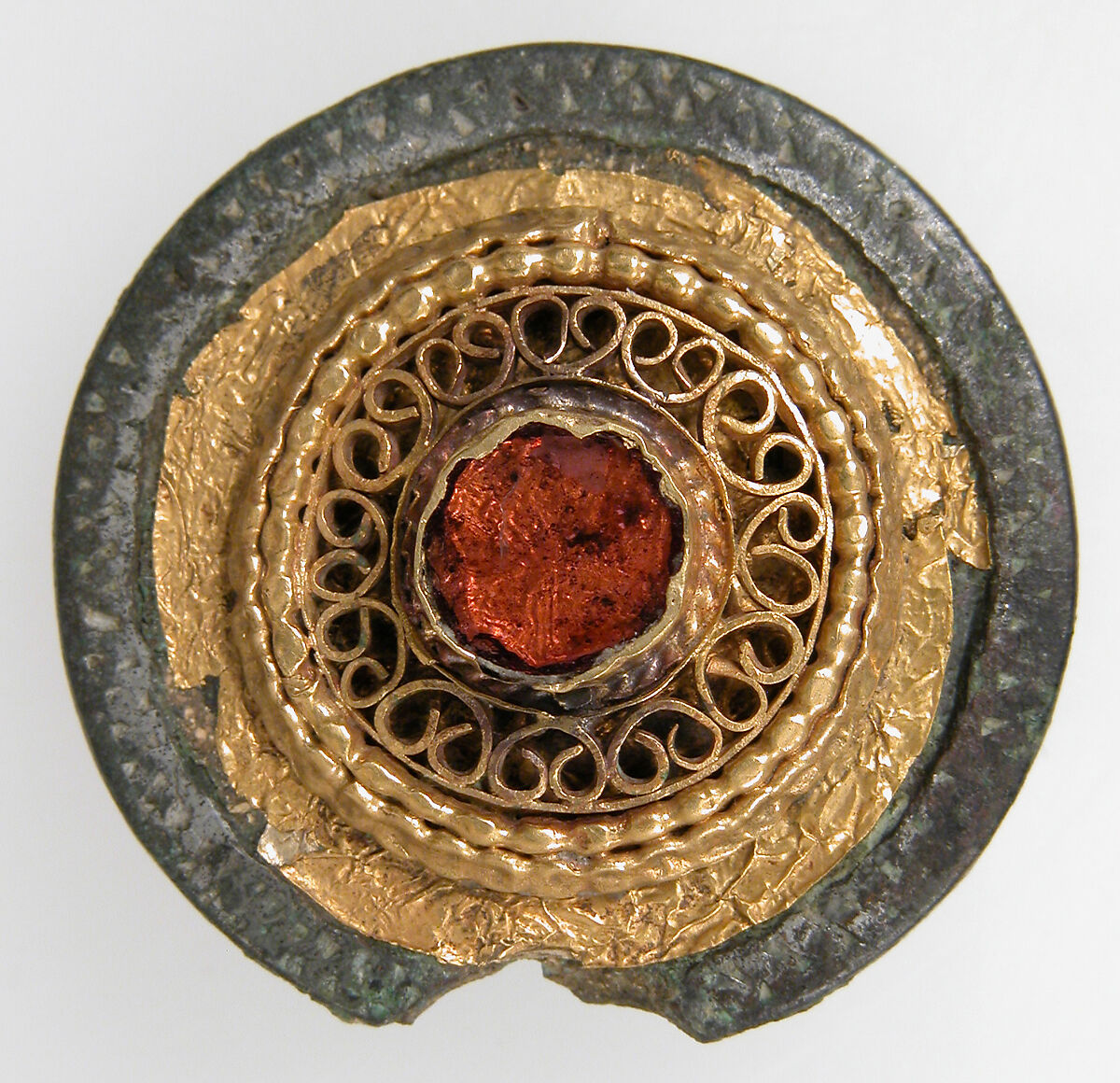 Disk Brooch, Copper alloy, silvered, gold, glass paste, Anglo-Saxon 