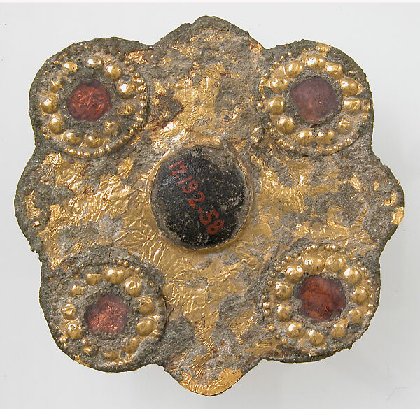 Disk Brooch, Copper alloy, with gold, glass paste, iron pin, European 