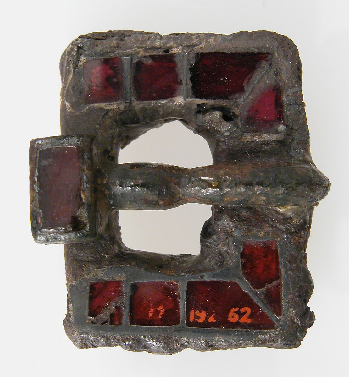 Flat Rectangular Buckle, Copper alloy, gilt (tongue); 1/2 silver-gilt iron with garnets (plaque), Frankish 