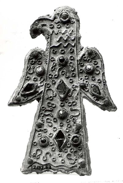 Bird-Shaped Brooch, Copper alloy, coated with gold, twisted wire, glass  paste, garnet, European