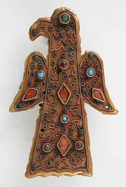 Bird-Shaped Brooch, Copper alloy, coated with gold, twisted wire, glass  paste, garnet, European 