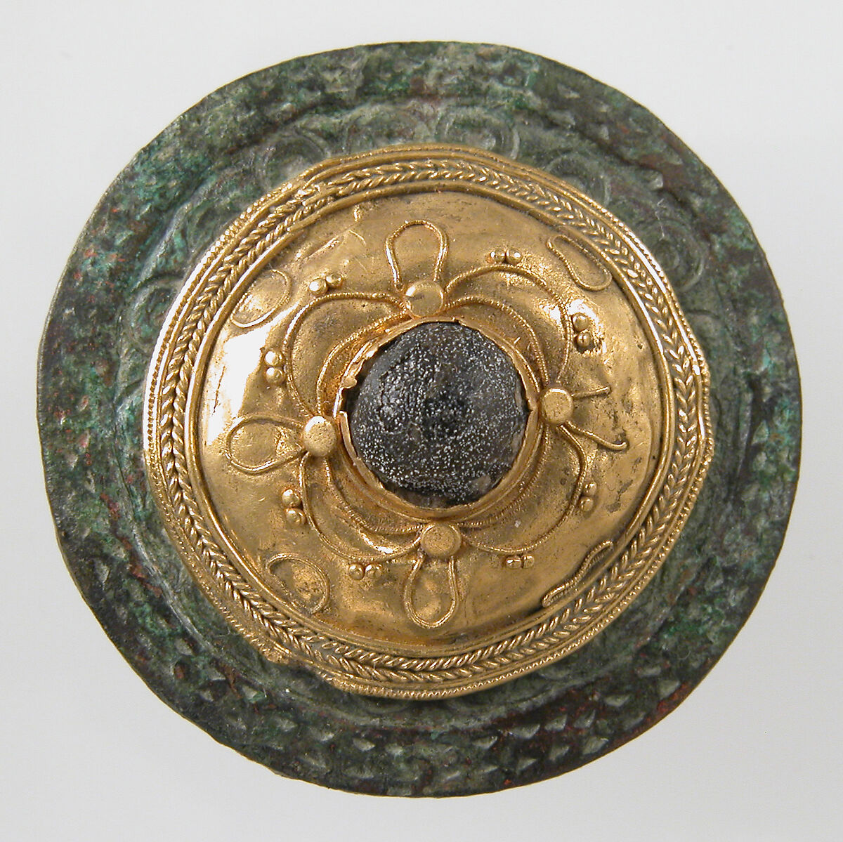 Disk Brooch, Gold on copper alloy, paste cabochon, Frankish 