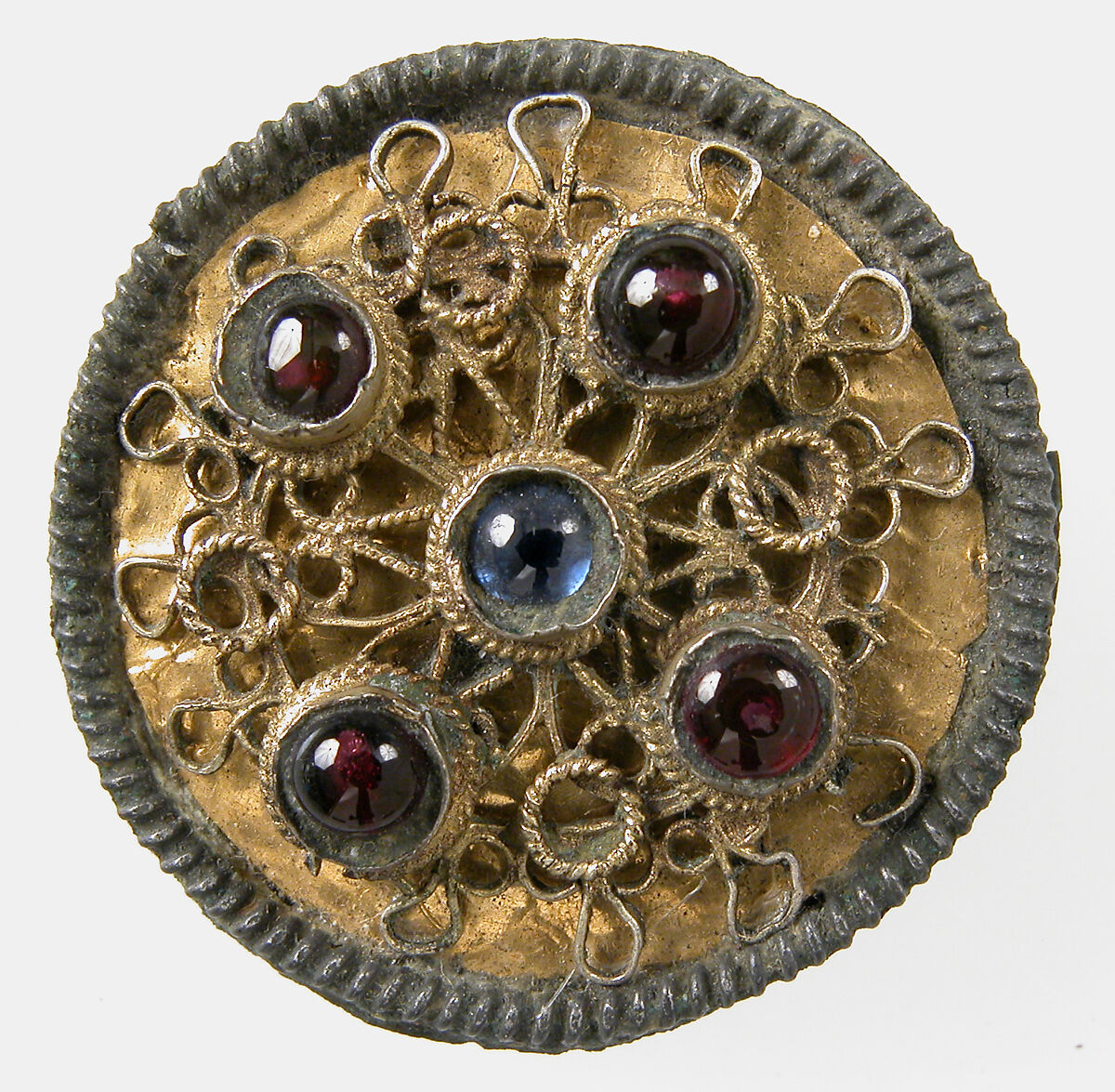 Disk Brooch, Copper alloy, coated with gold, garnets, sapphires cabochons, Frankish 