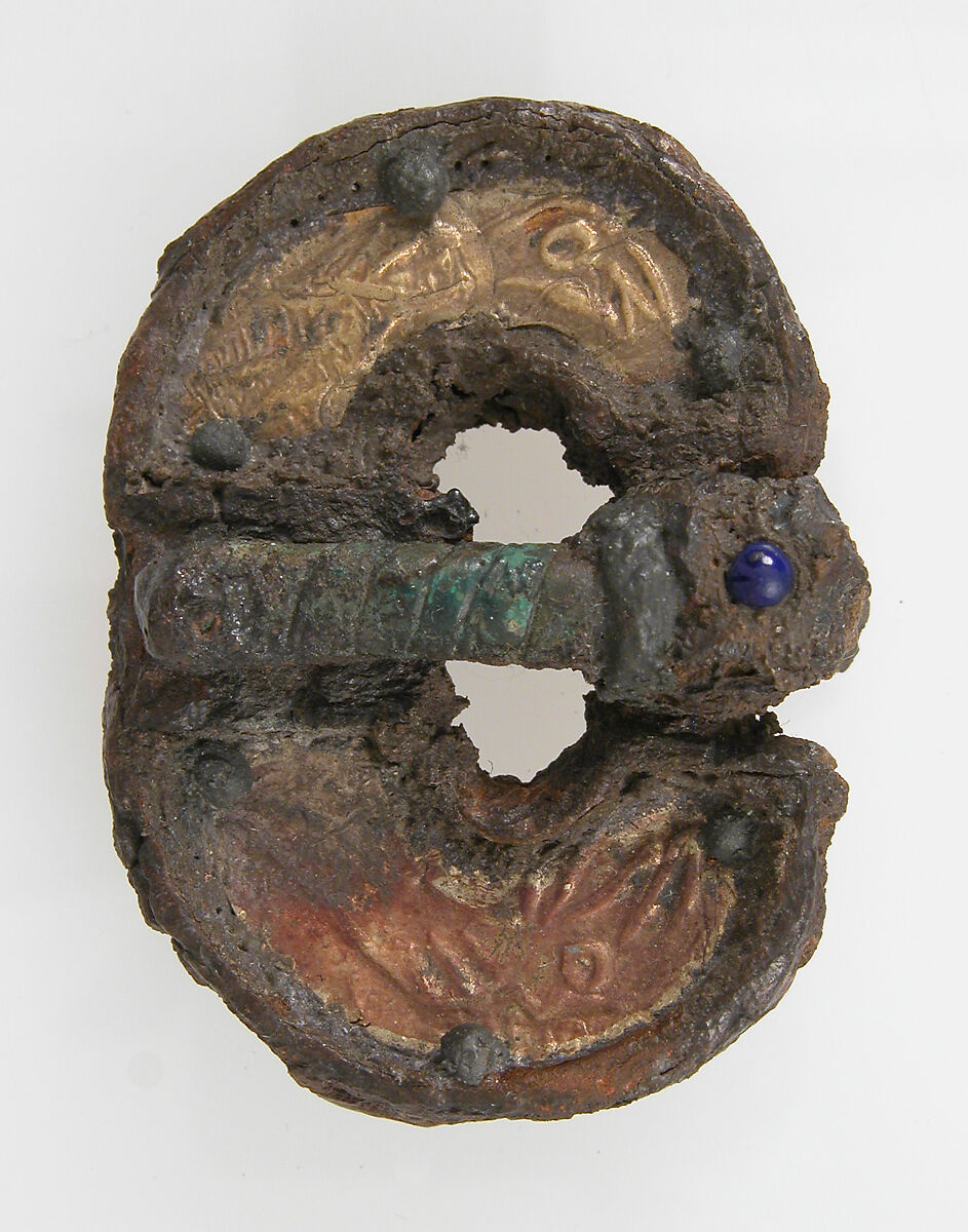 Buckle, Iron, gold foil, copper alloy, glass cabachon, tinned or silvered back, Frankish 