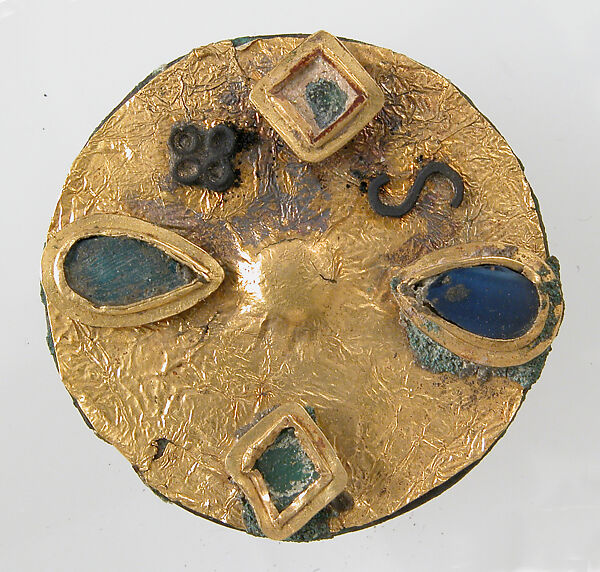 Disk Brooch, Copper alloy, gold foil, silver, paste, iron pin, Frankish 