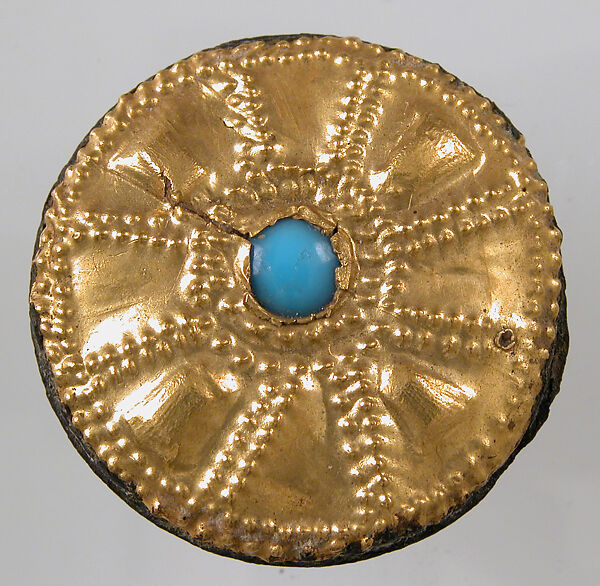 Disk Brooch, Copper alloy, gold, glass paste cabochon, Frankish 