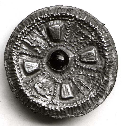 Disk Brooch, Copper alloy with gold, glass paste cabochon, remnant of iron pin, Frankish