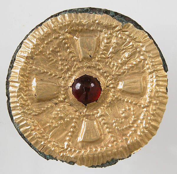 Disk Brooch, Copper alloy with gold, glass paste cabochon, remnant of iron pin, Frankish 