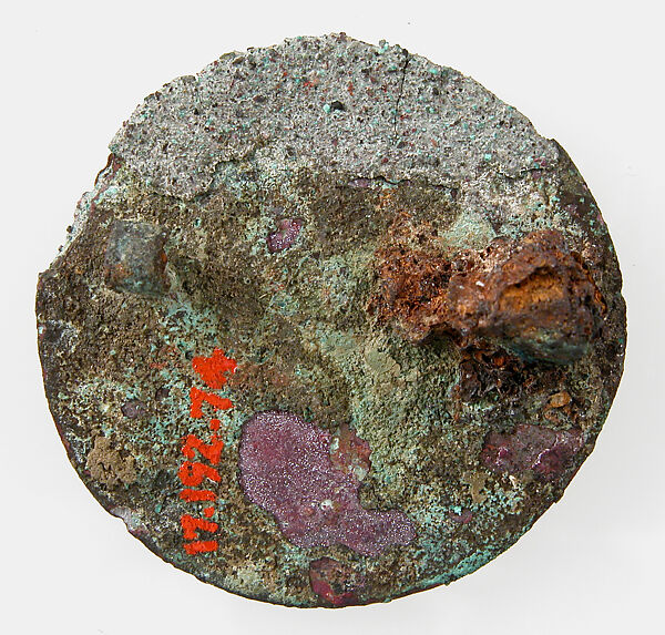 Disk Brooch, Copper alloy with gold, glass paste cabochon, remnant of iron pin, Frankish