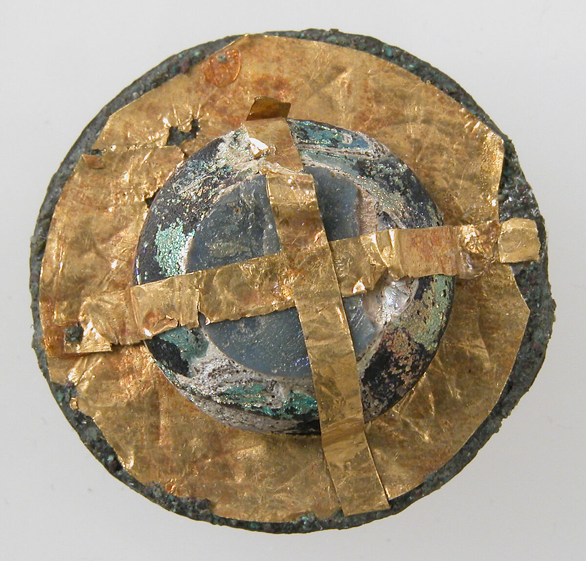 Disk Brooch, Copper alloy coated with gold foil, glass paste, Frankish 
