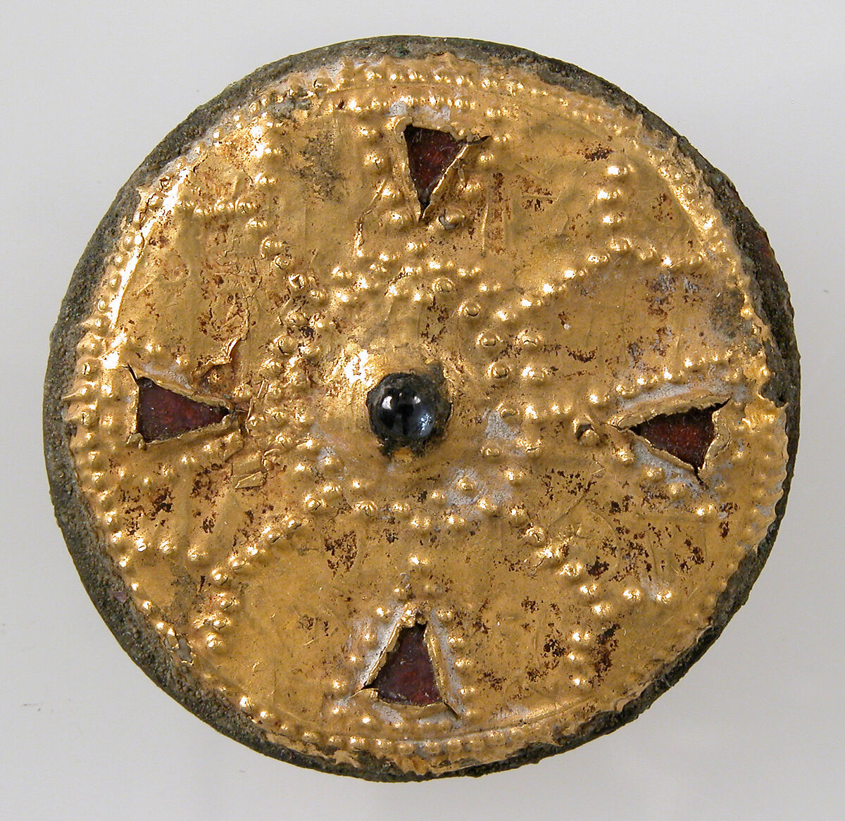 Disk Brooch, Copper alloy, gold,  glass paste cabochon, garnet, iron pin, Frankish 