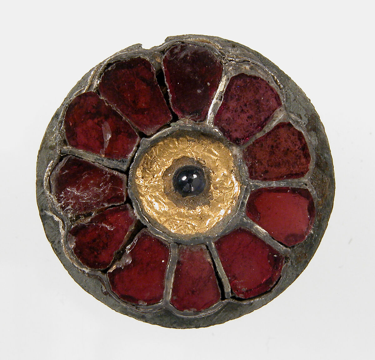 Disk Brooch, Copper alloy, silver, partial gilt, garnet, foil, Frankish 