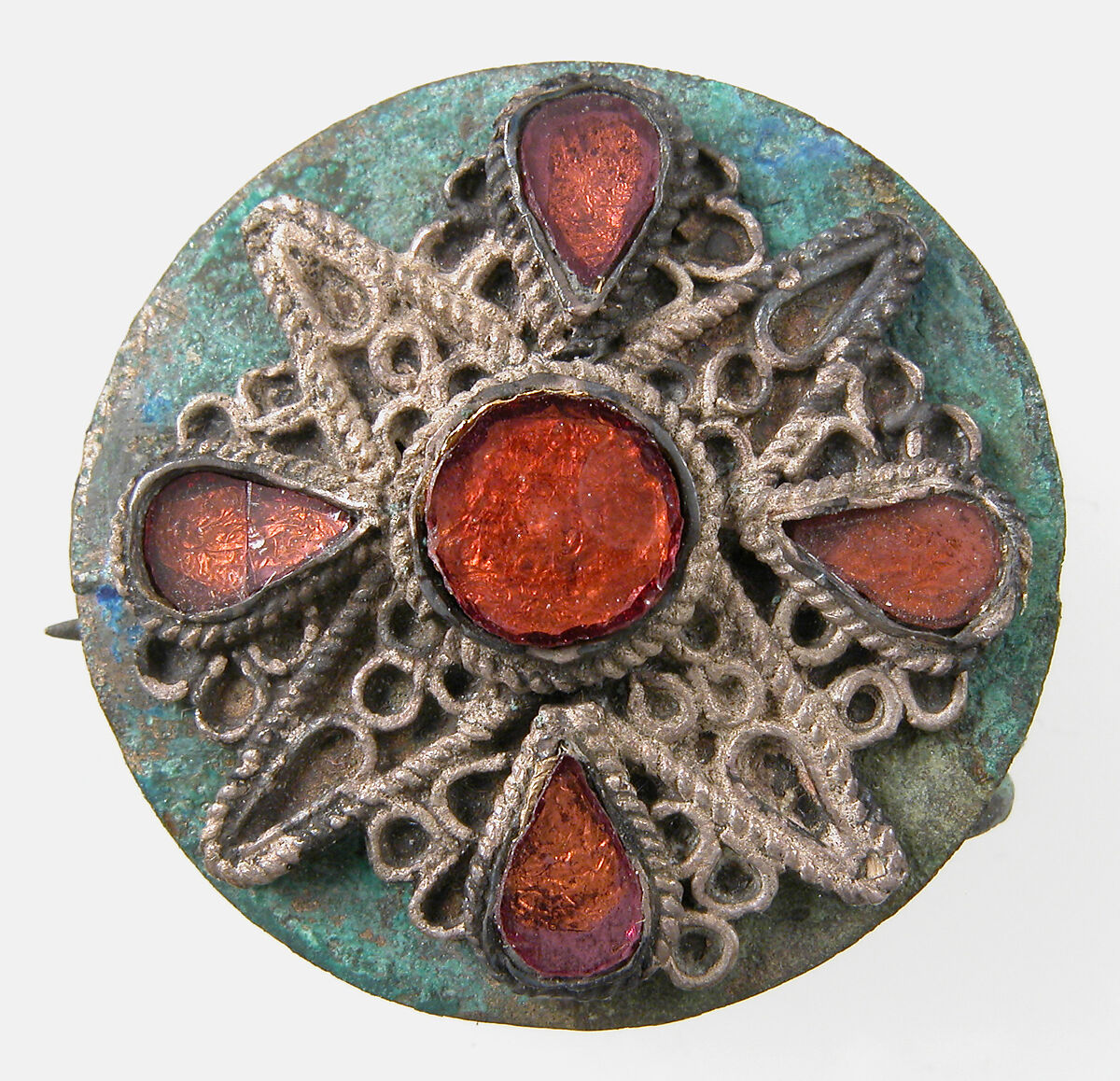 Disk Brooch, Copper alloy, silver wire, glass paste, Frankish or Northern French 