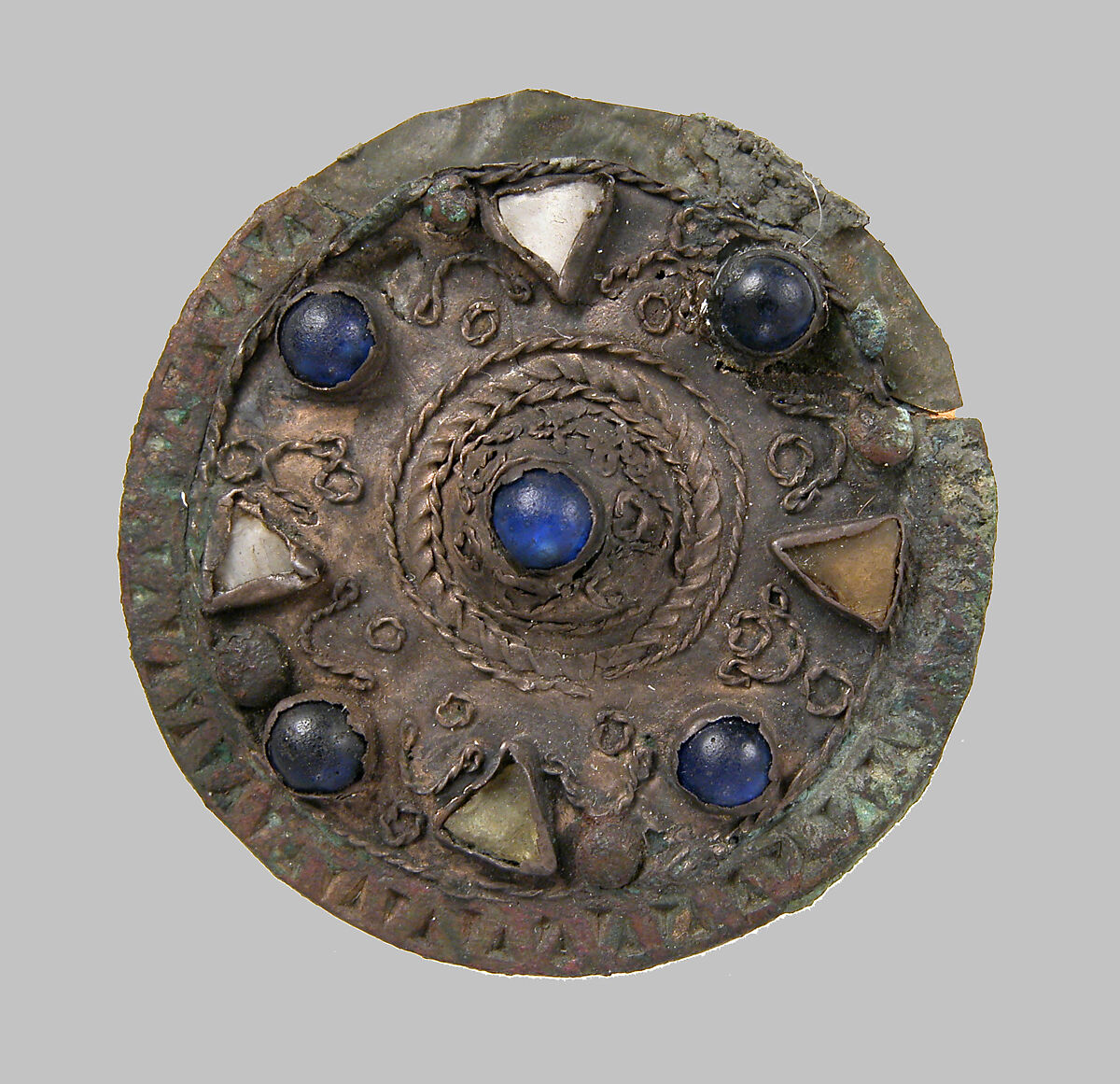 Disk Brooch, Silver, wire, glass paste, copper alloy core, cabochons, Frankish or Northern French 