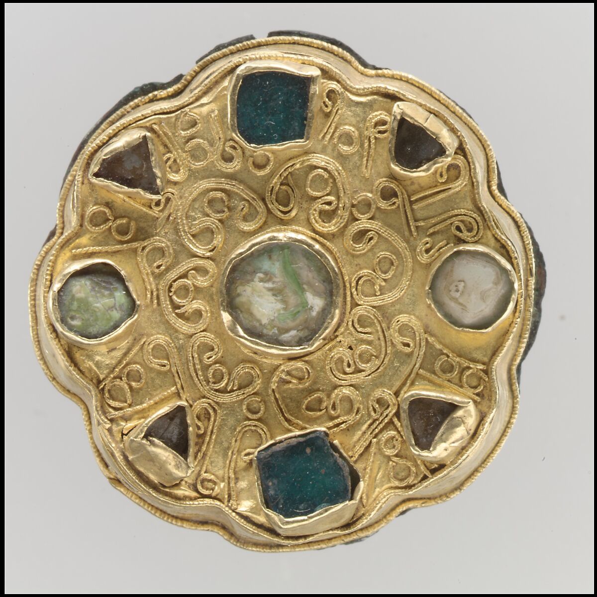 Disk Brooch, Gold; green and clear glass; mother-of-pearl; side gold, copper, Frankish 